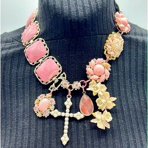 Statement Pink Floral Cross Pendant Necklace
